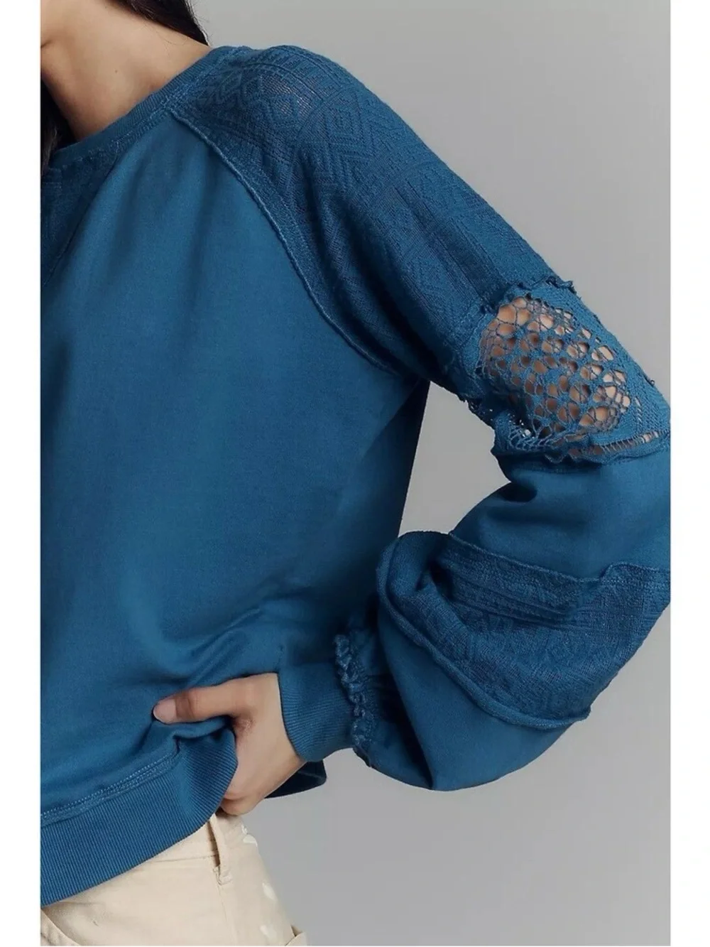 Nwot Anthropologie Teal Lace-Trim Long Sleeve Pullover